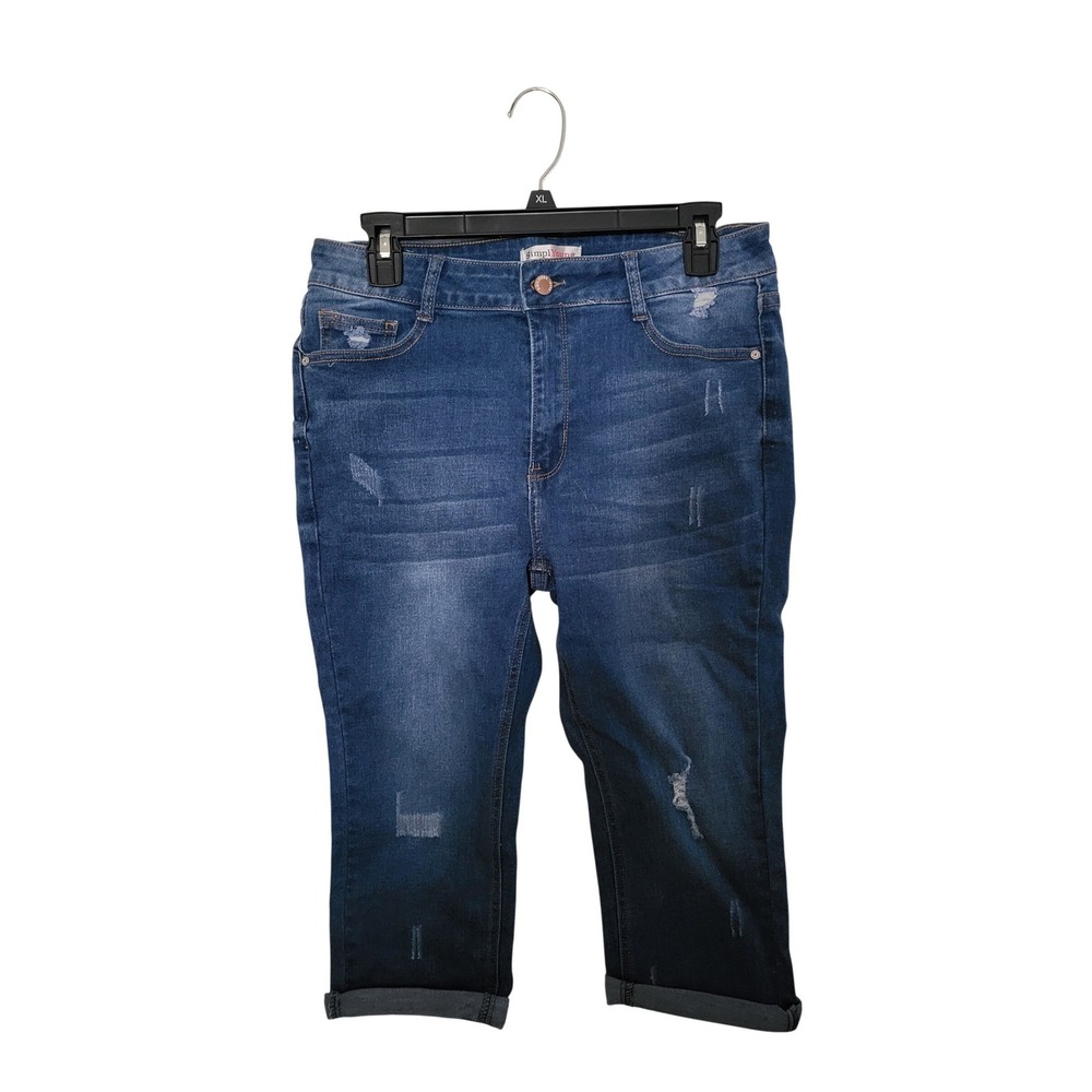 Simply Young Capri Jeans Women XL Blue Distressed Whiskered Cuffed Denim Pants